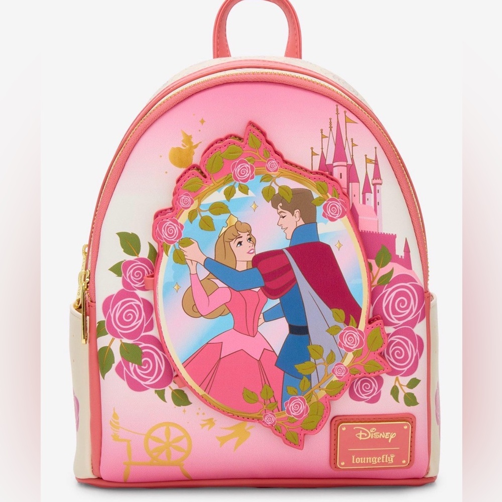 New Loungefly Disney Sleeping Beauty Aurora Floral Magnetic Door Backpack.